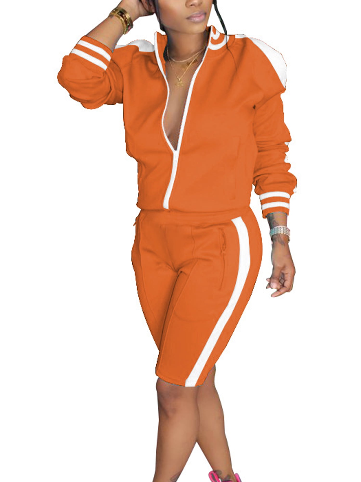 Rejlun Ladies Jogger Set, Cold Shoulder Two Piece Outfit, Striped