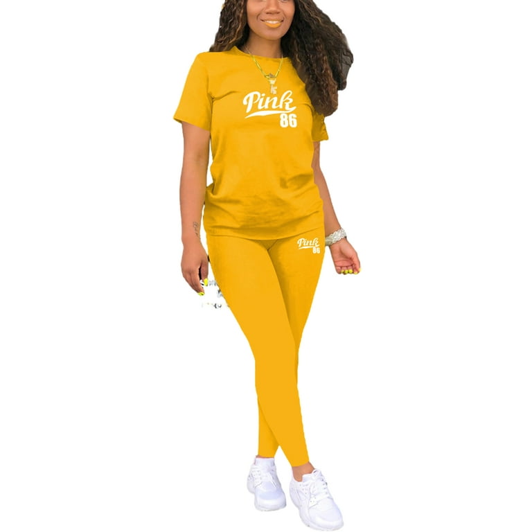 Rejlun Ladies Sweatsuits Letters Print Jogger Set Short Sleeve Two Piece  Outfit Women Regular Fit Lounge Sets Fitness Yellow XL