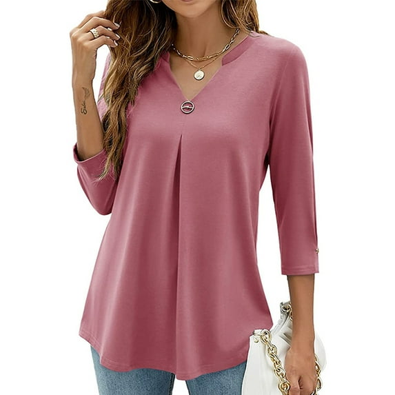 Rejlun Ladies Tee 3/4 Sleeve T-shirt V Neck T Shirt Casual Tops Loose Dailywear Tunic Blouse Pink 2XL