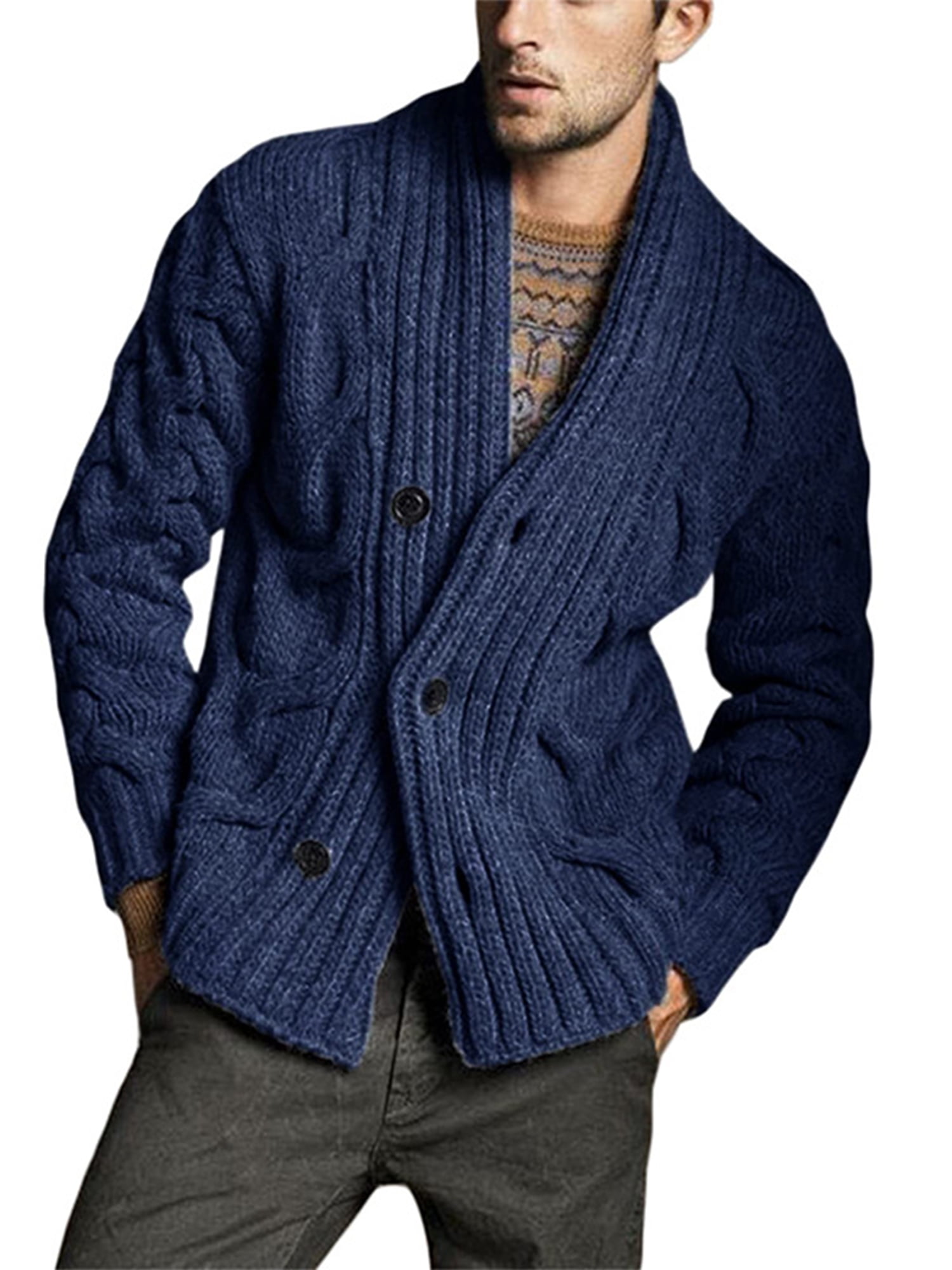 Rejlun Men Cardigan Sweater Open Front Jacket Solid Color Outwear Knitwear  Sweaters Slim Fit Winter Warm Cardigans Navy Blue M - Walmart.com