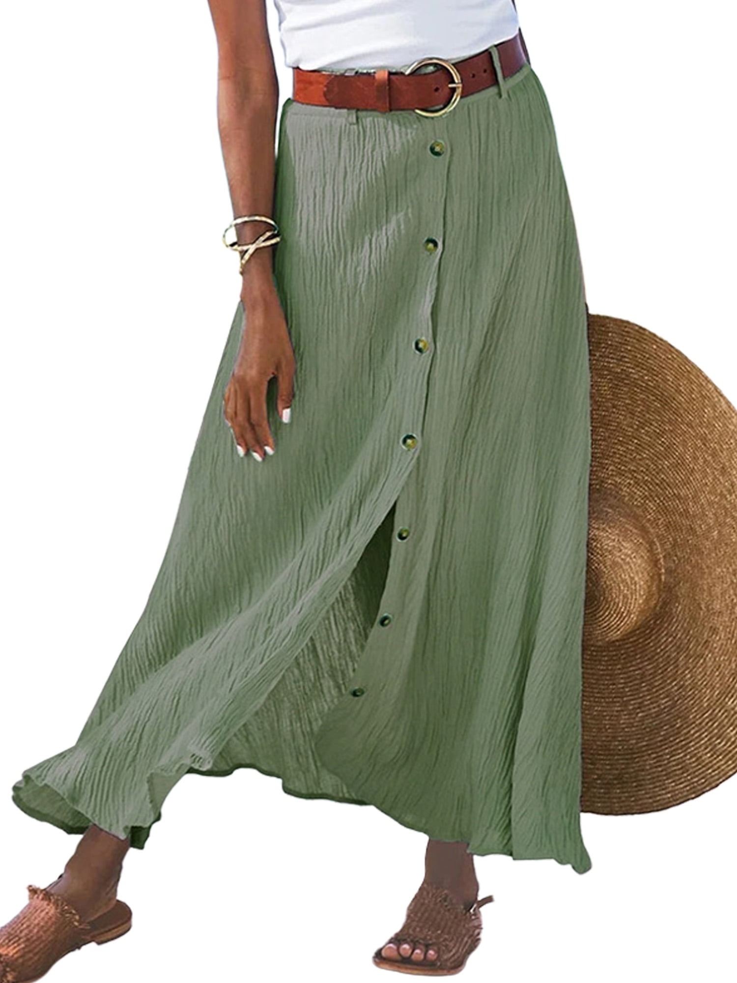 Rejlun Women Boho Long Skirts Cotton Linen Summer Beach Slit Skirt ...