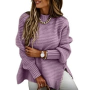 Rejlun Women Chunky Sweater Cozy Half Turtleneck Pullover Loungewear Jumper Tops Purple XL