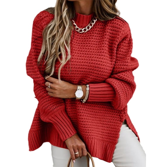 Rejlun Women Chunky Sweater Cozy Half Turtleneck Pullover Loungewear Jumper Tops Red 3XL