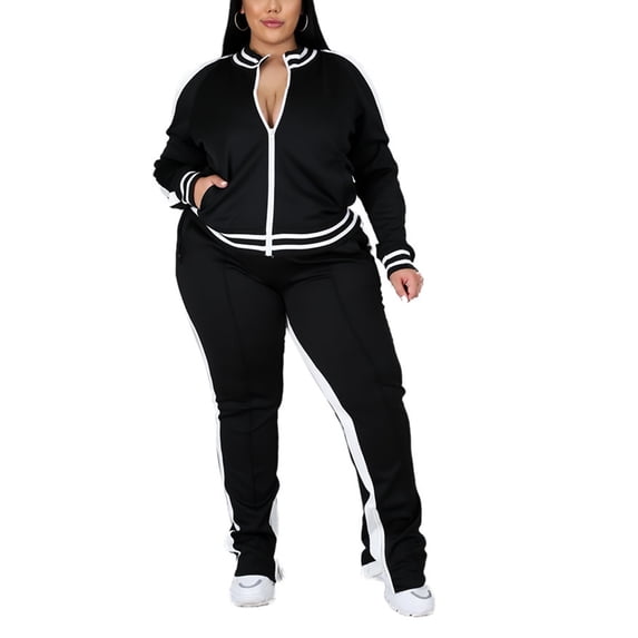 Rejlun Women Jogger Set Stand Collar Lounge Sets Color Block Sweatsuits Split Jacket+Sweatpants Front Zip Running Two Piece Outfit Black L