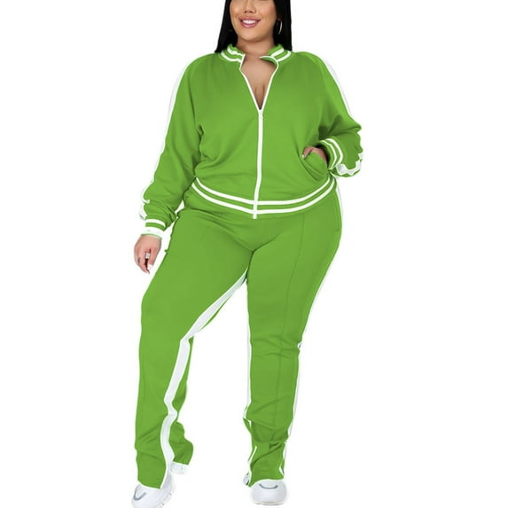 Rejlun Women Jogger Set Stand Collar Lounge Sets Color Block Sweatsuits Split Jacket+Sweatpants Front Zip Running Two Piece Outfit Light Green XXXXL