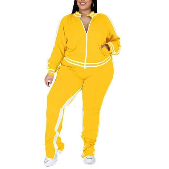 Rejlun Women Jogger Set Stand Collar Lounge Sets Color Block Sweatsuits Split Jacket+Sweatpants Front Zip Running Two Piece Outfit Yellow XXL