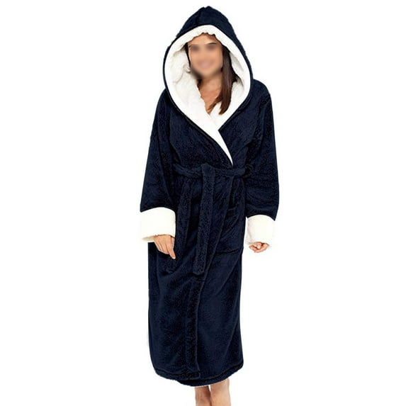 Rejlun Women Sherpa Robes Solid Color Fuzzy Plush Bathrobe Long Sleeve Sleepwear Plain Dressing Gown Warm Sleeping Fleece Robe Navy Blue XL