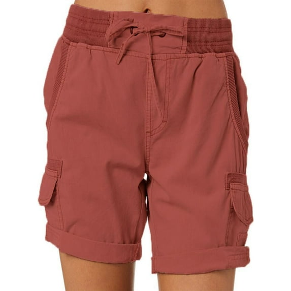 Rejlun Women Shorts Summer Casual Linen Loose Cargo Solid Bottoms Stretch Home Short Pants Brick Red 3XL