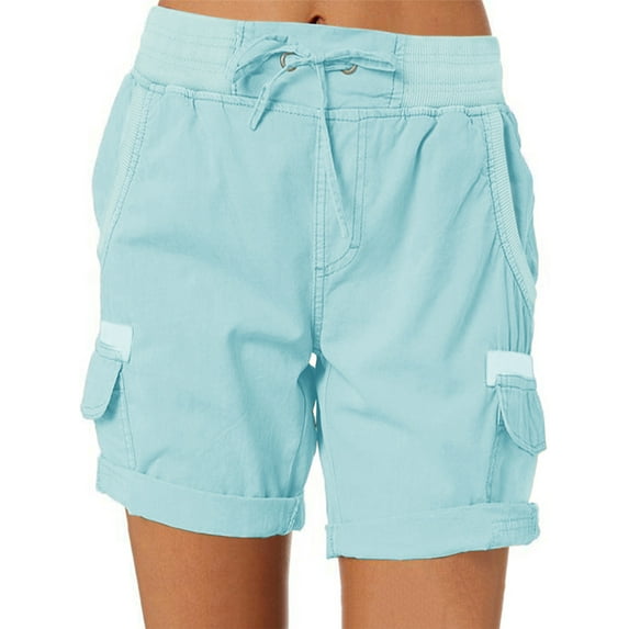 Rejlun Women Shorts Summer Casual Linen Loose Cargo Solid Bottoms Stretch Home Short Pants Light Blue L