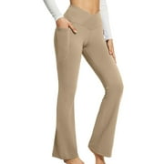 Rejlun Womens Yoga Pants High Waist Bootcut Workout Flare Pants with Pockets Khaki M