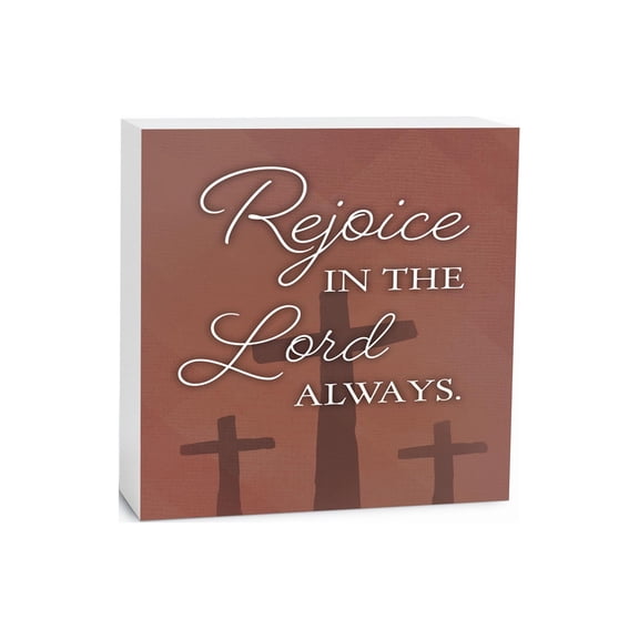 Rejoice Lord Always Red Geometric Crosses 5 x 5 Wood Tabletop Sign Plaque
