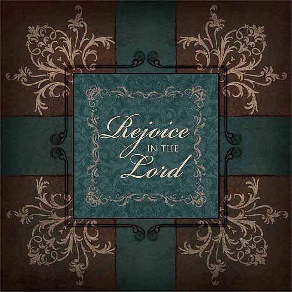 Rejoice in The Lord Panel Ornate Corner Scroll Religious Typography Brown & Blue Canvas Art by Pied Piper Creative