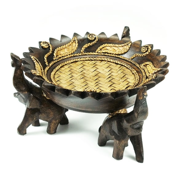 Rejoicing Elephant Leaves Carved Rain Tree Circular Wooden Tray