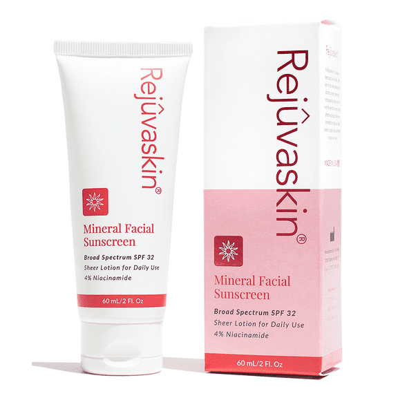 Rejuvaskin Mineral Facial Sunscreen, Broad Spectrum SPF 32, Oil-Free Daily Face Lotion for Sensitive Skin