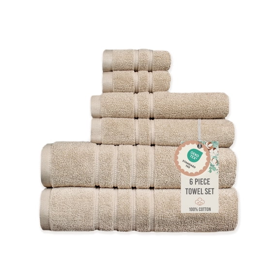 Wellness Hydration Solid 100% Cotton 550 GSM 6 Piece Bath Towel Set, Soft & Absorbent, Quick Dry, 2 Bath 27x54, 2 Hand 16x28, 2 Wash 13x13, Oxford Tan, OEKO-TEX® Certified