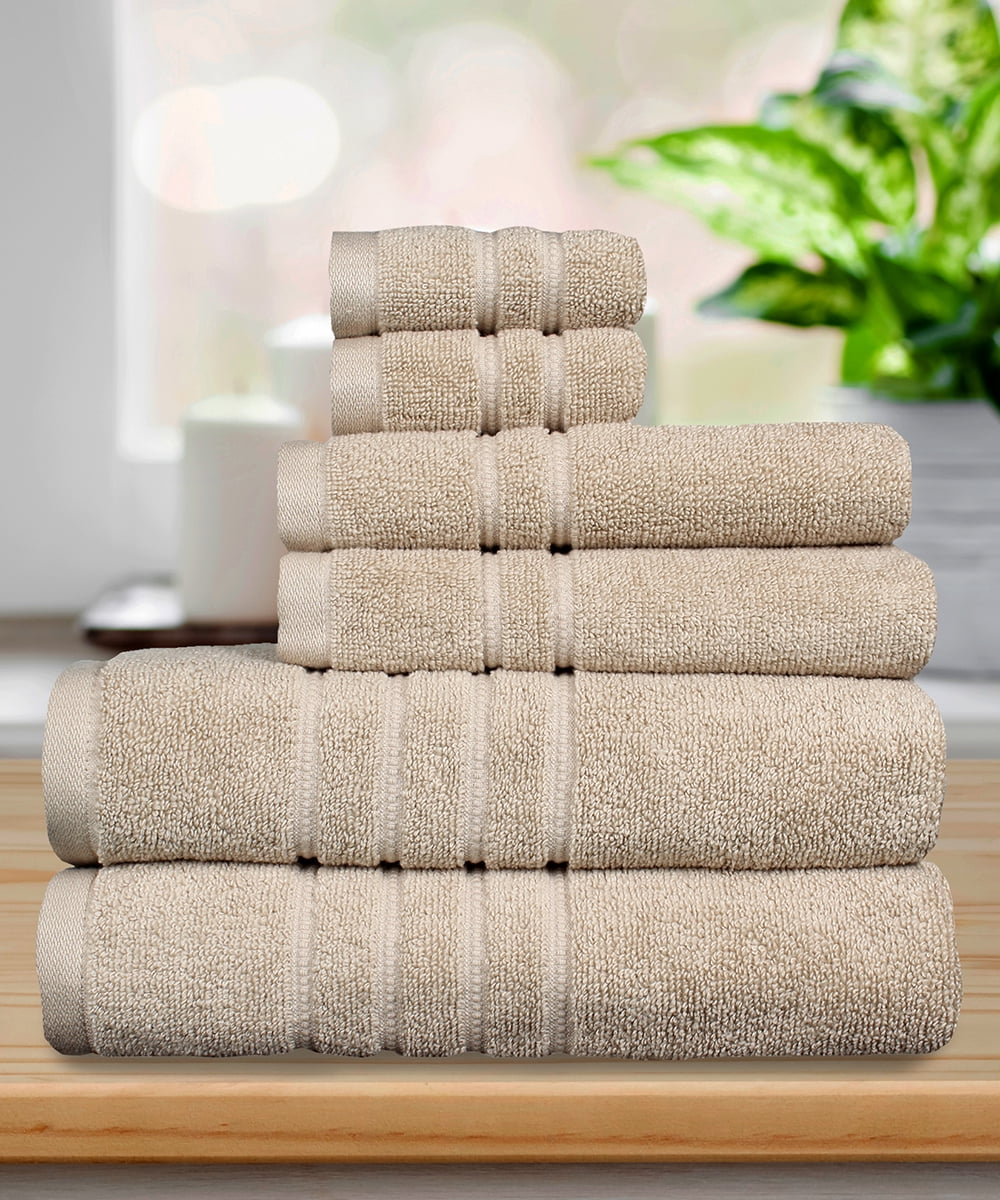Wellness Hydration Solid 100% Cotton 550 GSM 6 Piece Bath Towel Set, Soft & Absorbent, Quick Dry, 2 Bath 27x54, 2 Hand 16x28, 2 Wash 13x13, Oxford Tan, OEKO-TEX® Certified