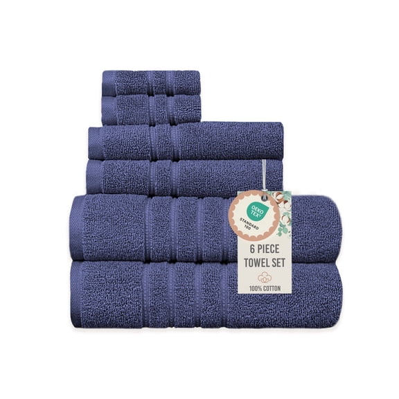 Wellness Hydration Solid 100% Cotton 550 GSM 6 Piece Bath Towel Set, Ultra Soft & Absorbent, Quick Dry, 2 Bath 27x54, 2 Hand 16x28, 2 Wash 13x13, Royal, OEKO-TEX® Certified