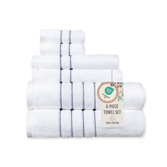 Wellness Hydration Stripe 100% Cotton 550 GSM 6 Piece Bath Towel Set, Soft & Absorbent, Quick Dry, 2 Bath 27x54, 2 Hand 16x28, 2 Wash 13x13, White with Royal Stripes, OEKO-TEX® Certified