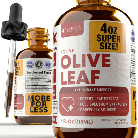 Active Olive Leaf 4oz XL Super Size - Olive Leaf Liquid Extract Supplement w/ Oleuropein - Rejuvica Health