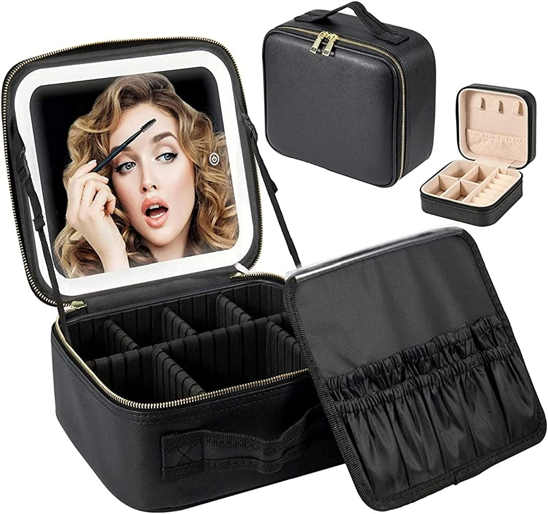 Rejuvv makeup Bag with Mirror and Light Travel Makeup Train Case Cosmetic Bag Organizer Portable Artist Storage Bag with Adjustable Dividers Makeup Brushes Storage Organizer Black Walmart