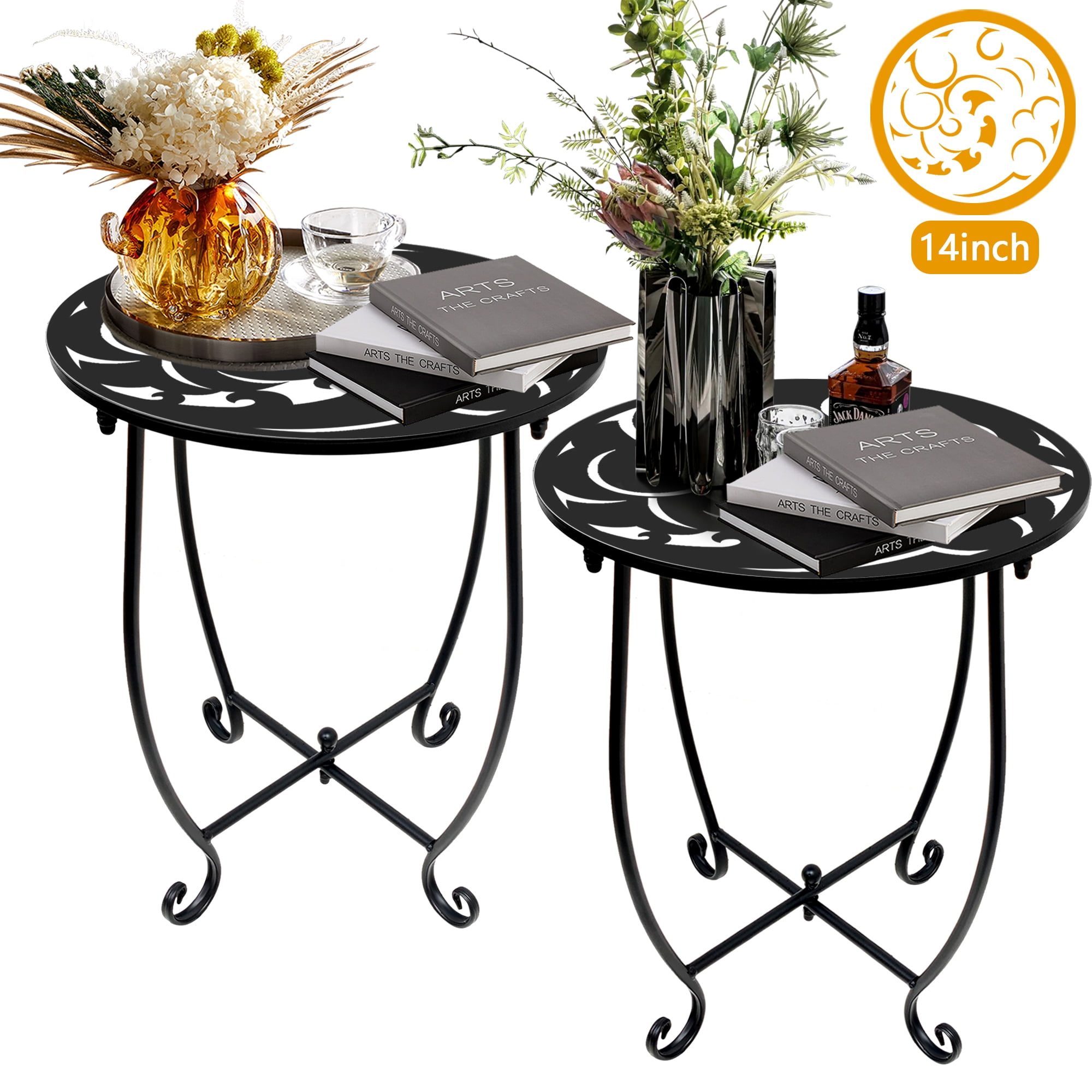Black Metal 14" Round Outdoor Side Table Set with Decorative Top