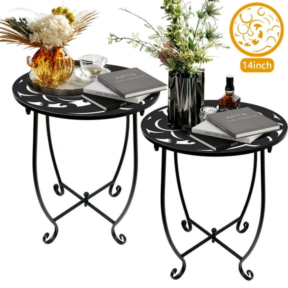 Rekopi 14" Round Patio Side Table, Outdoor Indoor Side Table for Patio Balcony Yard Porch Garden, 2 Pack