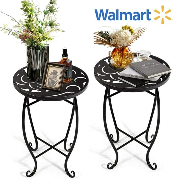 Rekopi 2 Pack Indoor Outdoor Side Tables, 15in high Versatile Round Metal End Table for Balcony Yard Porch Garden