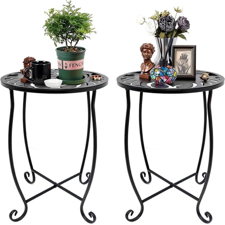 Rekopi 2 Pack Indoor Outdoor Side Tables, 15in high Versatile Round Metal End Table for Patio Balcony Yard