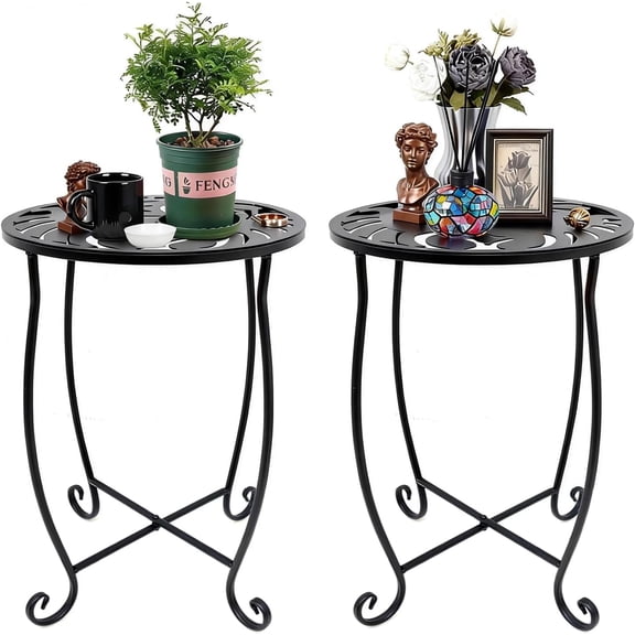 Rekopi 2 Pack Indoor Outdoor Side Tables, 15in high Versatile Round Metal End Table for Patio Balcony Yard