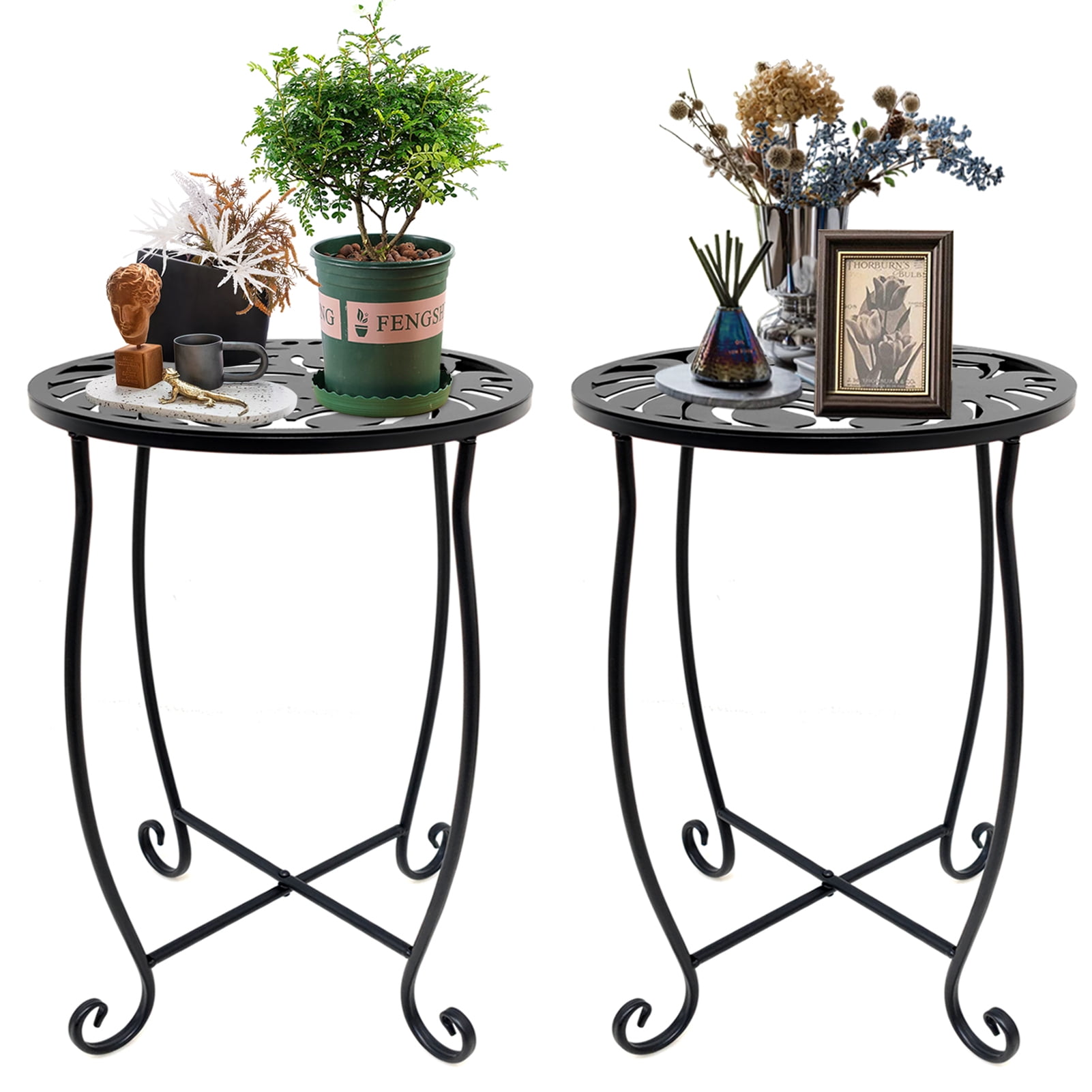 Black Metal 15" Round Indoor/Outdoor Side Tables, Set of 2