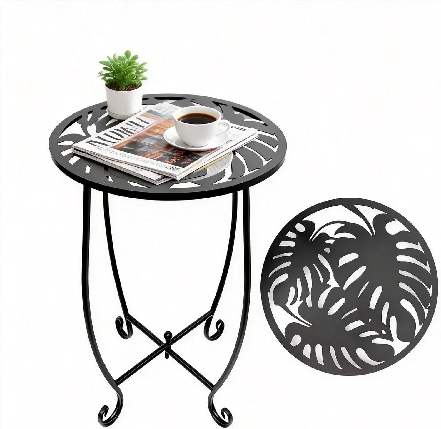 Rekopi Indoor Outdoor Side Tables, Versatile Round Metal End Table 15'' Tall Plant Stand for Patio Balcony Yard Porch