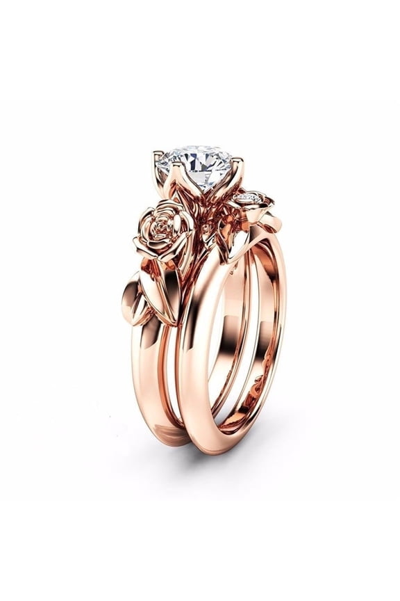 Relanfenk Rings for Women Silver & Rose Gold Filed White Wedding Engagement Floral Set Ring