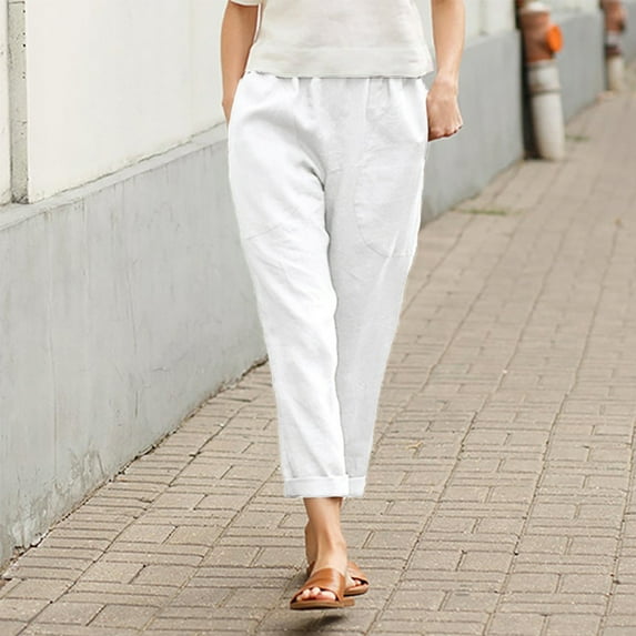 Relanfenk White Linen Pants For Women Tightness Trousers Pocket Casual Plus Size Pants Plus Size Pants