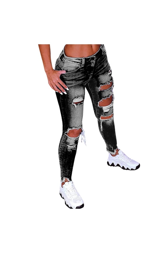 Winter Fall Plus Size Womens Pants Solid Color Hole Low Waist Jeans Flares Ankle Trouser Casual Pant