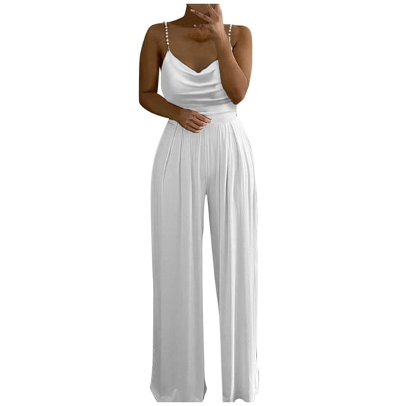 Relanfenk Winter Fall Womens Jumpsuits Romper Casual Soild Pearl Sling Top Wide Leg Pants Overalls