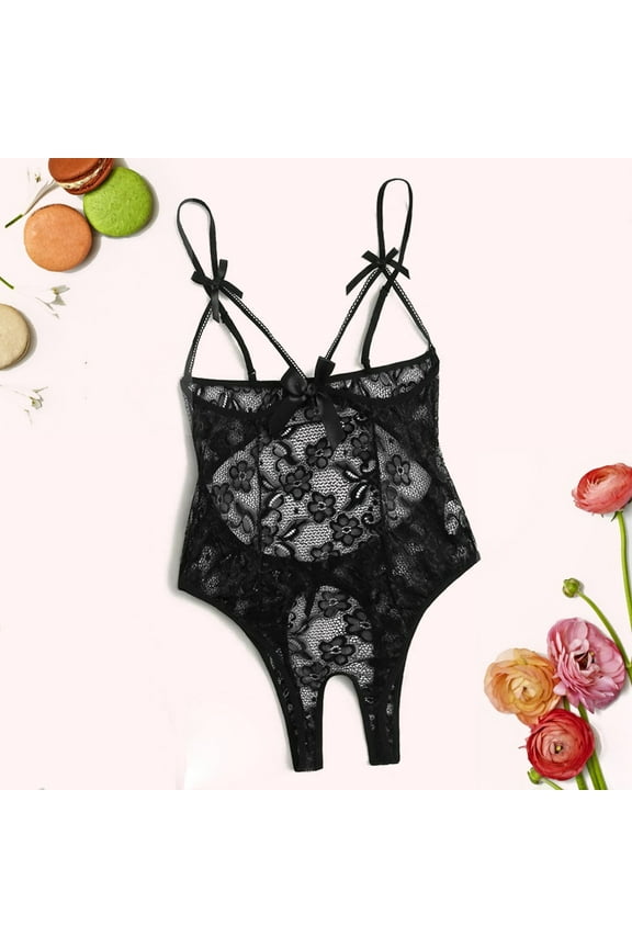 Relanfenk Women Bow Lace Hollow Open Crotch Teddy Bodysuit Backless Jumpsuit Lingerie