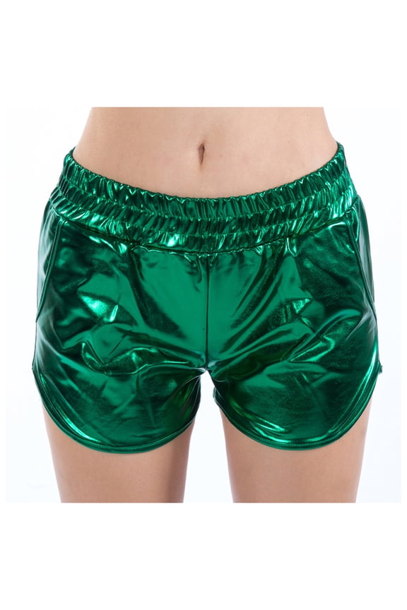 Women's Leather Women's Metallic Shorts Shiny Pants Yoga Sparkly Hot Drawstring Outfit Elastic Waist Rave Booty Dance