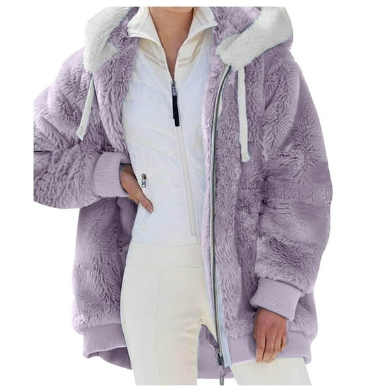 Relanfenk Women's Stitching Pocket Hooded Pullover Sweatershirt Warm Artificial Wool Pockets Coat Outwear