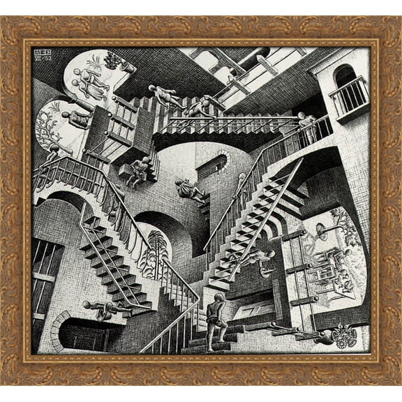 Relativity 30x28 Large Gold Ornate Wood Framed Canvas Art by M.C. Escher