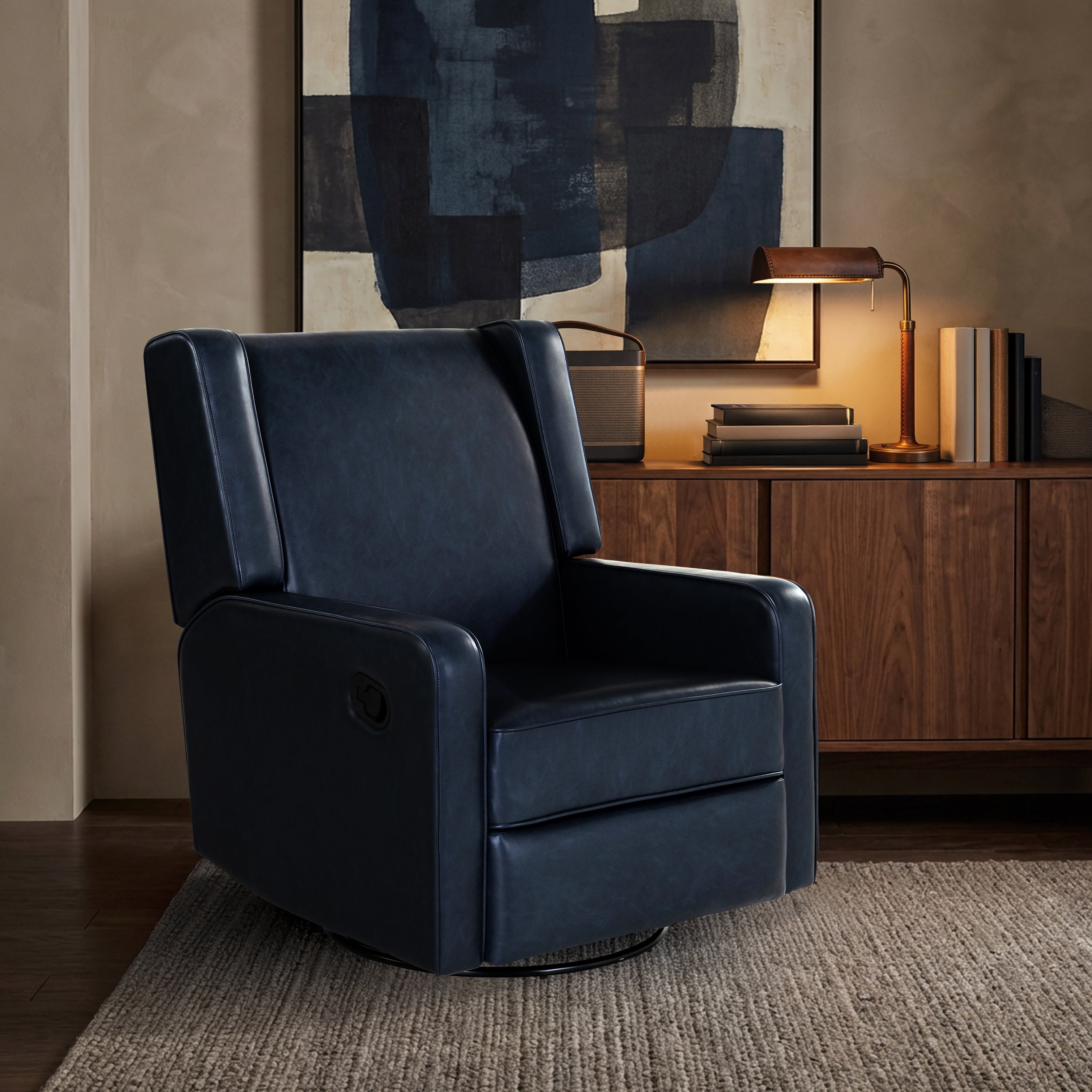 Relax A Lounger Easton Modern Swivel Recliner, Navy Faux Leather