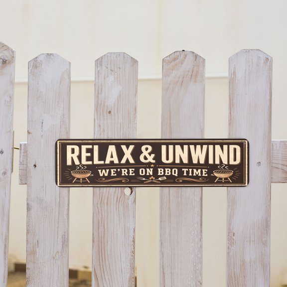 Relax And Unwind BBQ Time Metal Tin Sign For Backyard Patio Or Deck 4x16 Inch