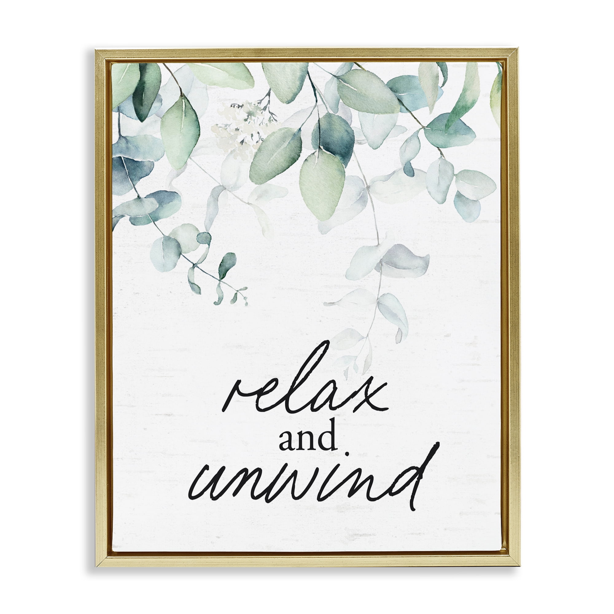 Relax And Unwind Herb Leaves Gold Framed Floater Canvas Wall Art, design by Lettered and Lined