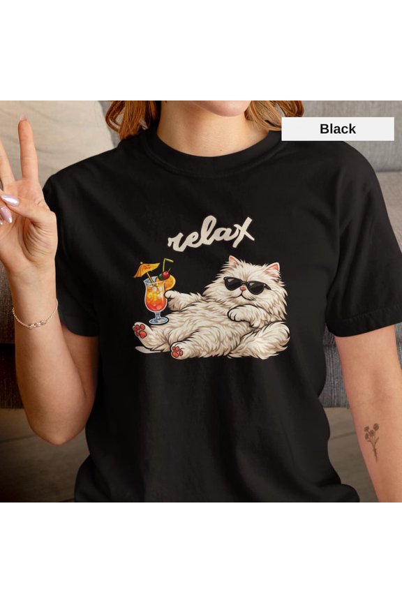 Relax Cat Cocktail Shirt, Chill Cat Persian Drinking Graphic Tee, Lazy Cat Vacation Vibes Design Unisex Cotton T-Shirt, Size S-5XL