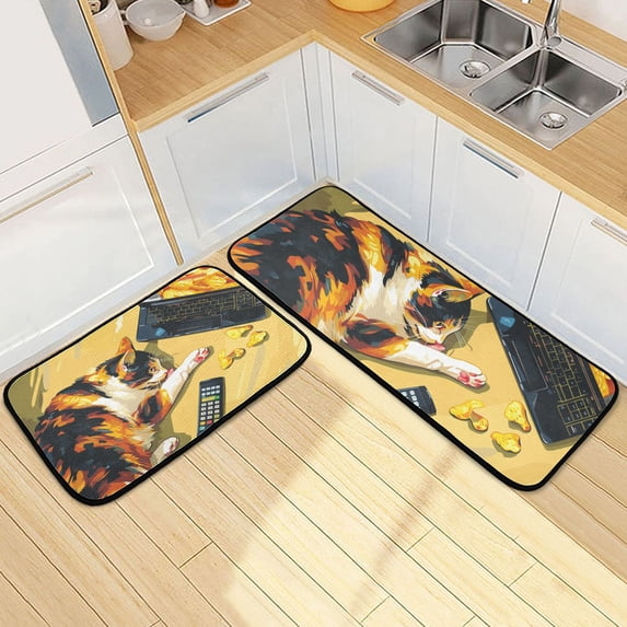 Relax Cat Kitchen Mats Non Slip Standing Desk Mat Runner Rug Washable Kitchen Rugs for Floor 2PCS