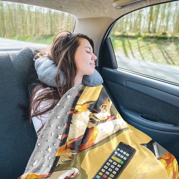 Relax Cat Travel Blanket Pillow Compact Foldable Airplane Throw Blanket with Trolley Sleeve for Travel Camping