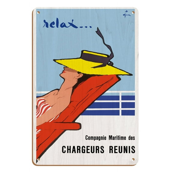Relax... - Chargeurs Réunis Maritime Company - Vintage Ocean Liner Travel Poster by René Gruau c.1950s - 8 x 12 inch Vintage Wood Art Sign