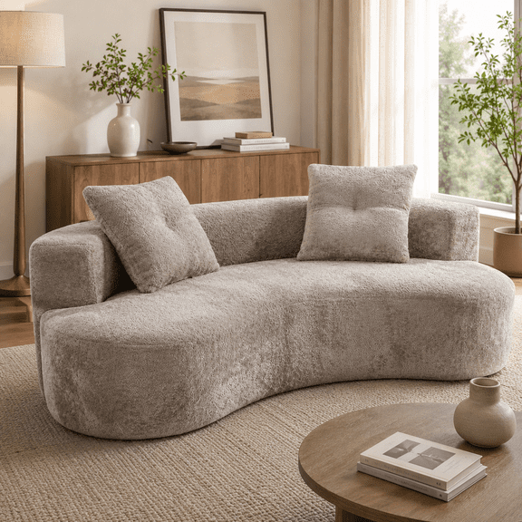 Relax Cloud 79.5" Camel Boucle 3-Seater Floor Sofa, Boneless Couch with Foam Spring Cushion Support, 2 Pillows, No Assembly for Small Spaces