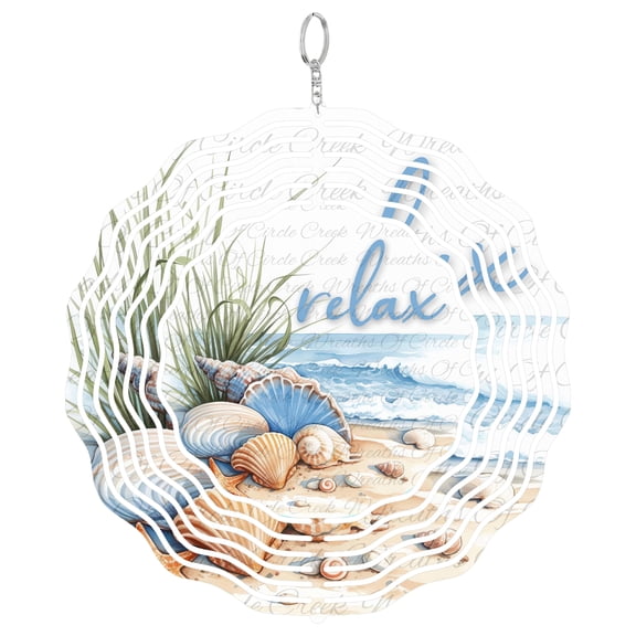 Relax Coastal Beach Seashell 3D Wind Spinner Hanging, Round UV Printed Tinplate, Ocean Theme Decor,