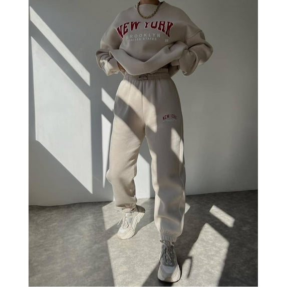 Relax Fit Short Sleeve Sweatshirt Set (M, Beige)