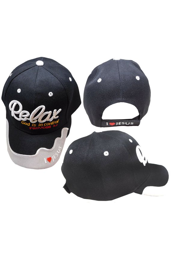 Relax God Is In Control Christian Black Embroidered Cap Hat CAP815 (TOPW)